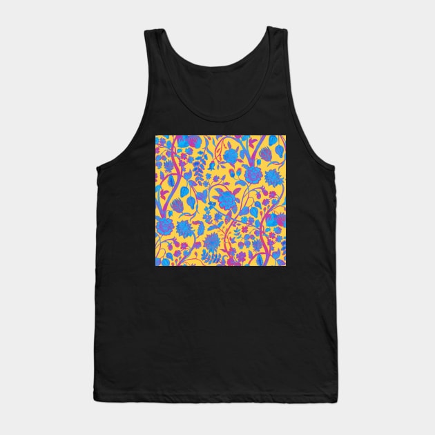 Chinese Bright Sunshine Yellow with Bright Blue & Pink Floral Pattern - Hong Kong Funky Summer Flowers Tank Top by CRAFTY BITCH